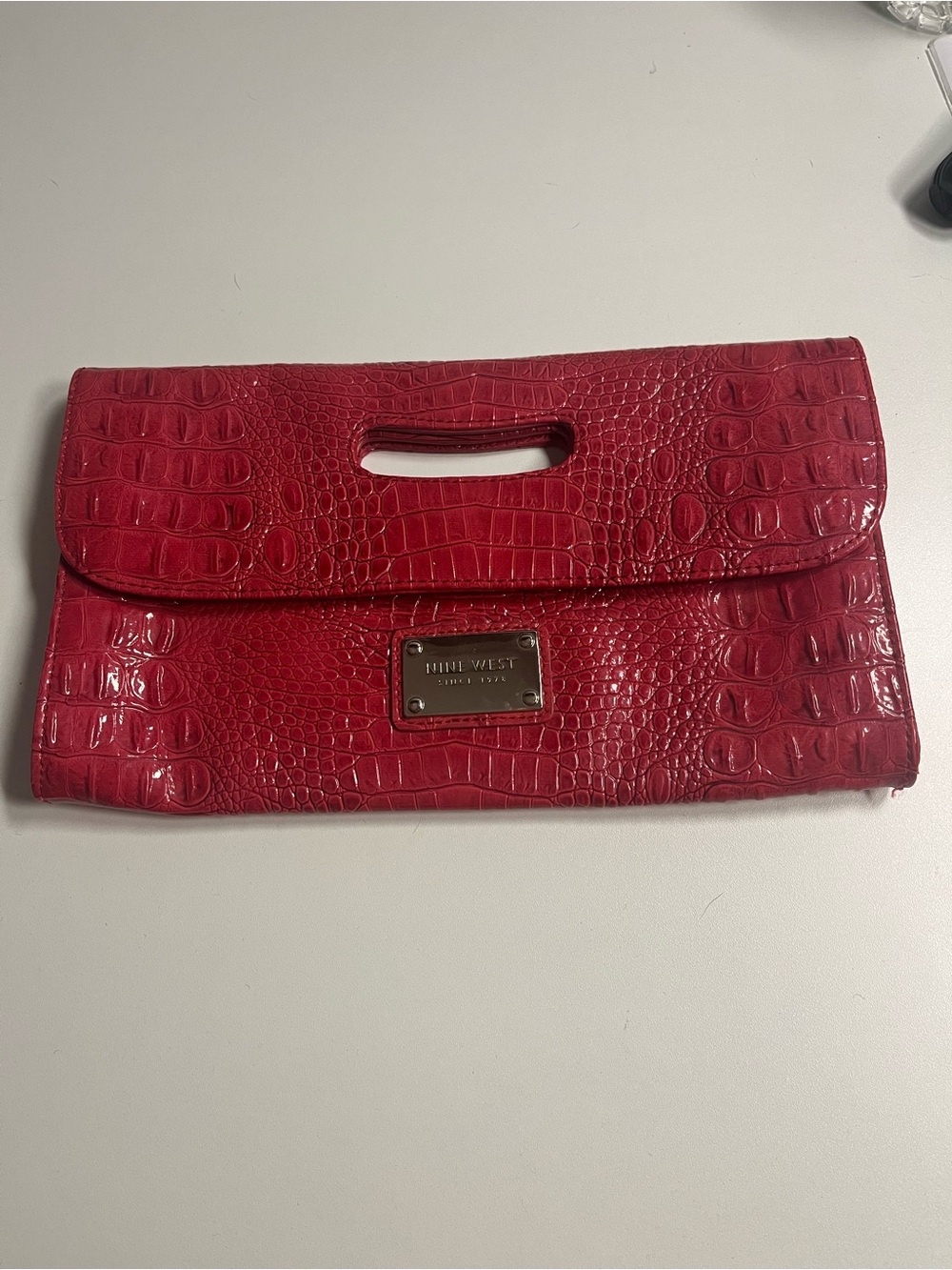 Nine West Hot Pink Croc-Embossed Foldover Wristlet Clutch